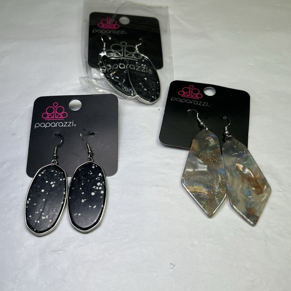 Lot Paparazzi Silver hammered Earrings Pearlescent White‎ Silver Iridescent Onyx